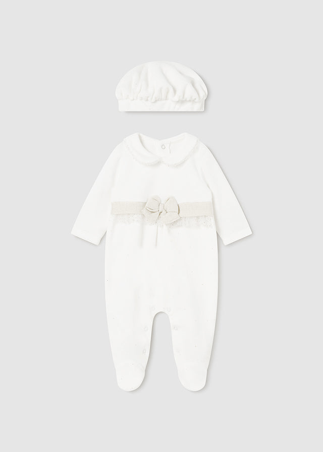 Mayoral Girls Cream/Gold Velour Babygro And Hat