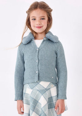 Mayoral Girls Blue Knitted Cardy with Fur Collar