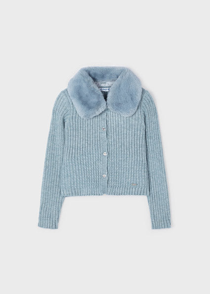 Mayoral Girls Blue Knitted Cardy with Faux Fur Collar