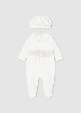 Mayoral Girls Cream/Gold Velour Babygro And Hat