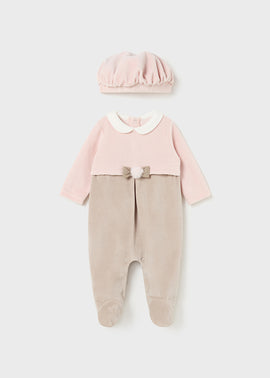 Mayoral Girls Pink/Beige Velour Babygro And Hat